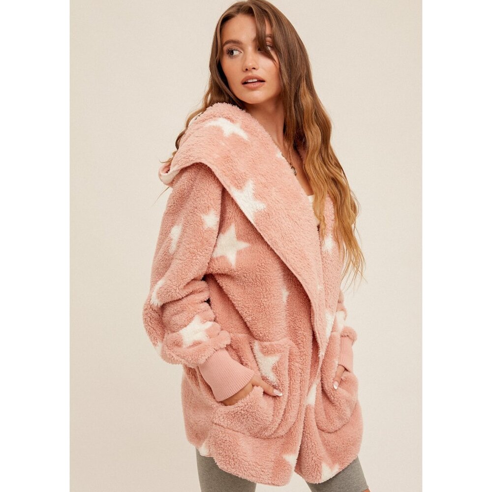 NEW Boutique Hooded Star Teddy Jacket Cozy Sherpa Fleece Weekend Furry Soft Warm